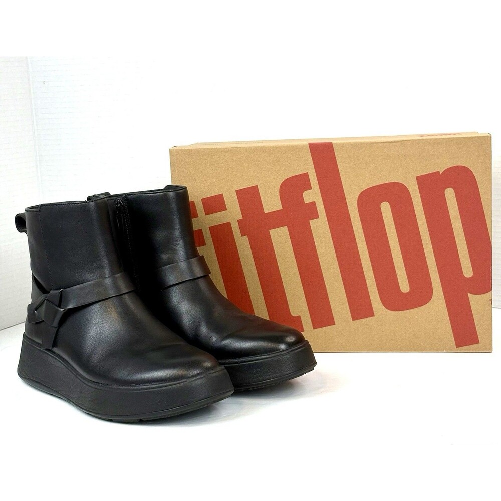 FitFlop Women’s F-Mode Folded Knot Leather Flatform Size 8 Black Boots EUC Box